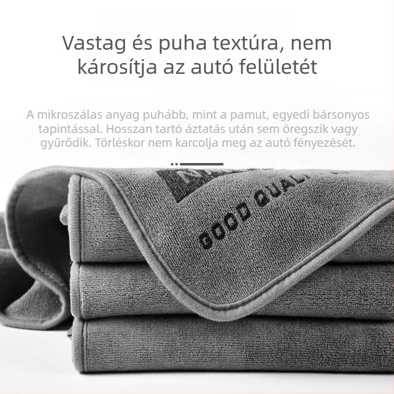Logóval ellátott mikroszálas autómosó törlő, 400 g, kétoldalas, vastított, kiváló nedvszívó, szöszmentes
