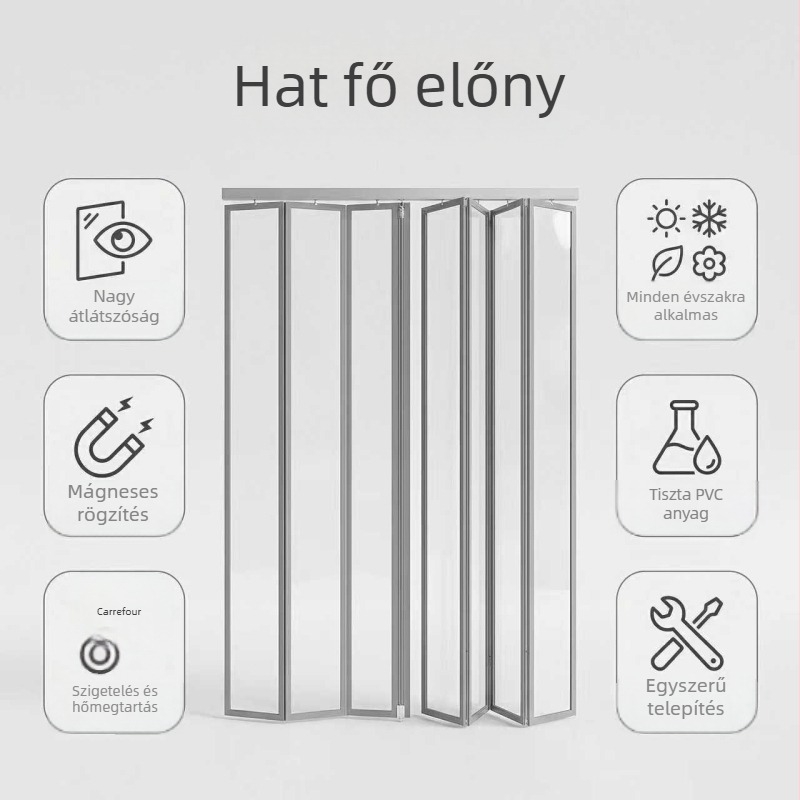 Átlátszó PVC hajtogatható ajtófüggöny boltok és szupermarketek számára, szél- és por elleni védelem minden évszakra, raktárak és otthoni használatra