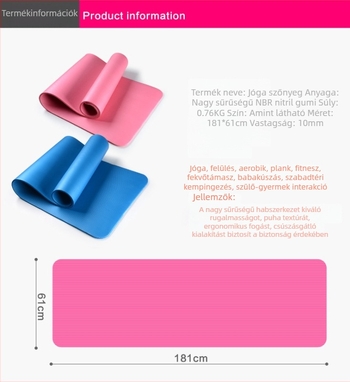 NBR jóga matrac 183 × 61 × 10 mm, csúszásmentes, kezdőknek, fitnesz és tánc