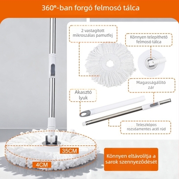 Mossen forgó mop szett kettős hajtással és spin-dry vödörrel, mikroszálas fej, otthoni padlótisztításra