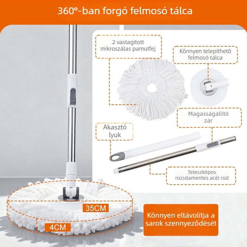 Mossen forgó mop szett kettős hajtással és spin-dry vödörrel, mikroszálas fej, otthoni padlótisztításra