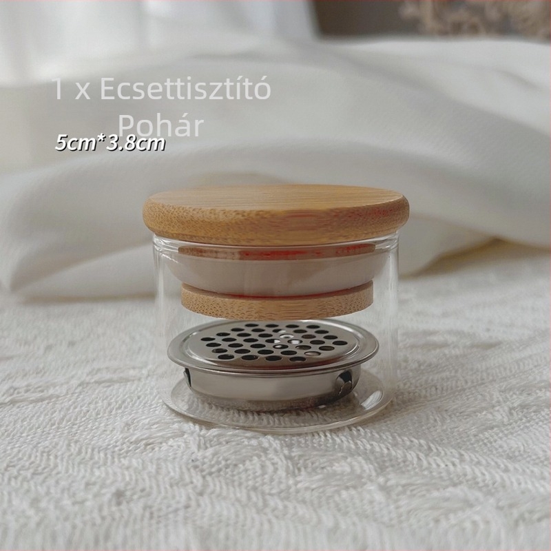 Manikűr ecsetek tisztító pohár fedővel, rozsdamentes acél hálóval és kristályos pohárral a tisztításhoz