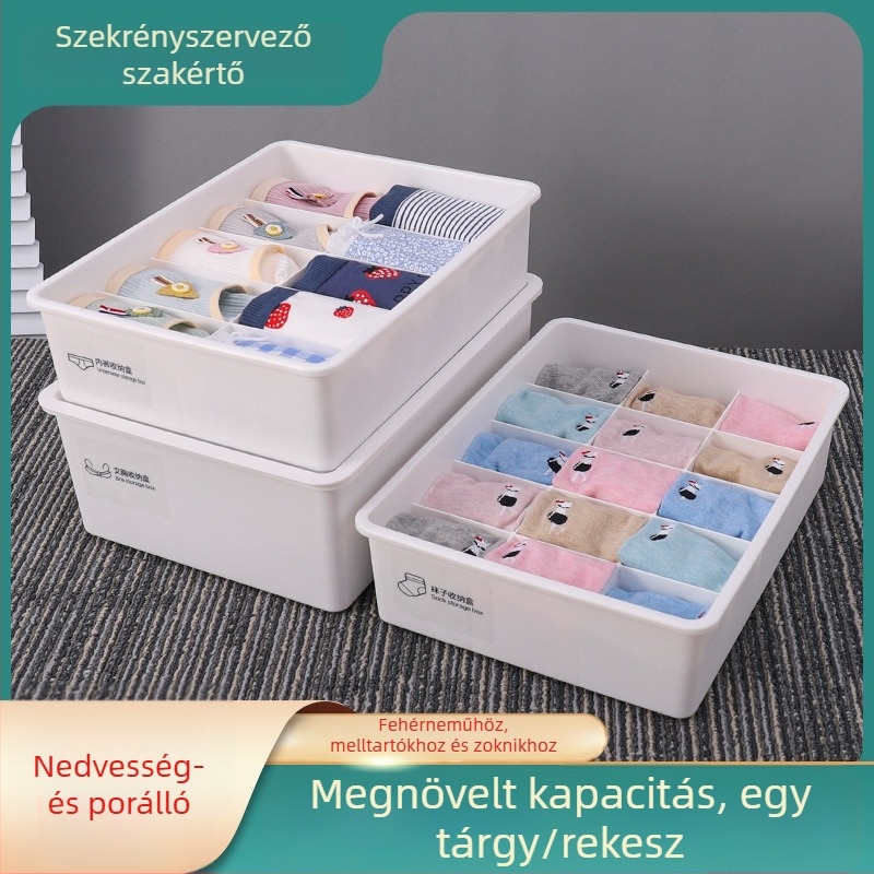 PP műanyag fehérnemű- és zokitároló doboz rekeszekkel melltartókhoz és alsóneműkhöz