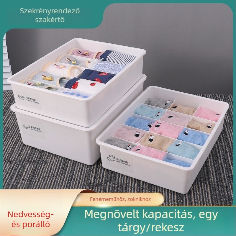 PP műanyag fehérnemű- és zokitároló doboz rekeszekkel melltartókhoz és alsóneműkhöz