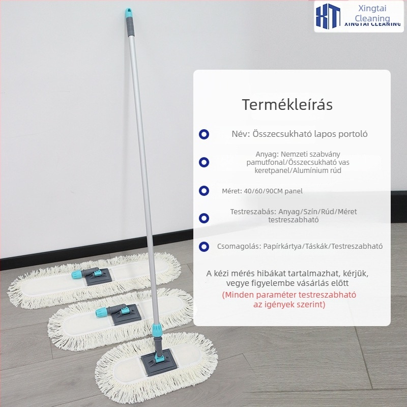 Összecsukható lapos felmosó pamutszálból, 60 cm, kereskedelmi használatra, cserélhető felmosófej
