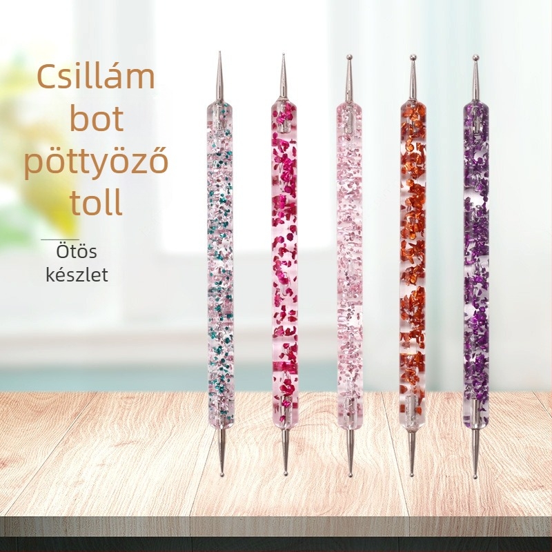 Manikűr eszközök készlet – 5 darab dot-drill toll, dupla végű köves toll és kristályos rúd