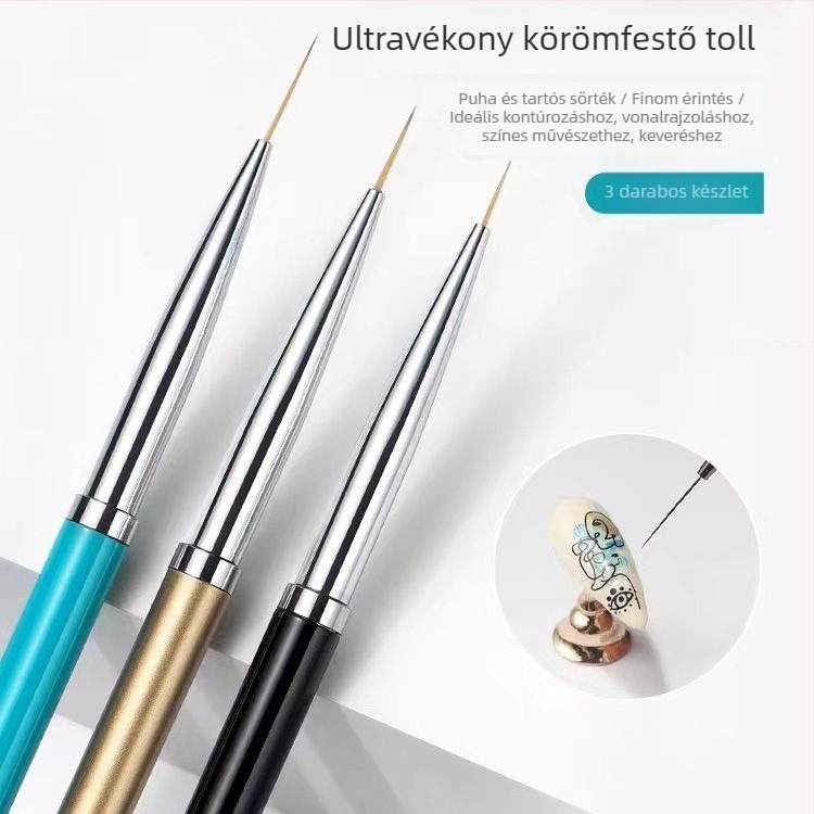 3 részes körömdíszítő eszközök készlet, fém rúddal rajzoló tollal a körmök díszítéséhez