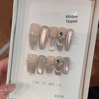 Téli luxus Cat's Eye műkörmök, kézzel készített, levehető, 10 darabos készlet.