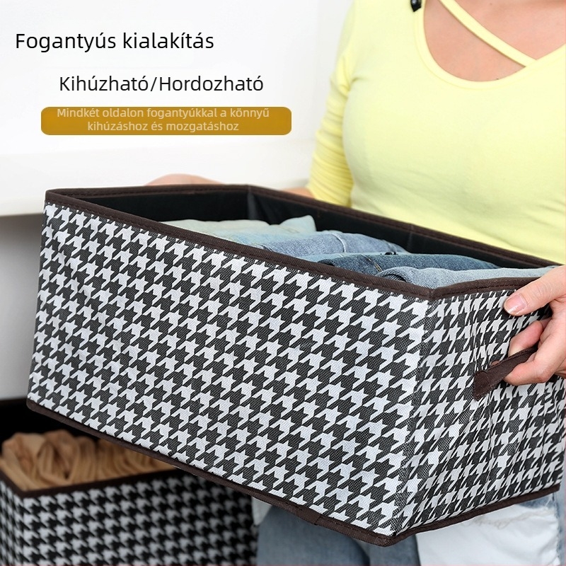Houndstooth mintás ruhatároló doboz, összecsukható, egymásra rakható, 23L, 40×28×20 cm