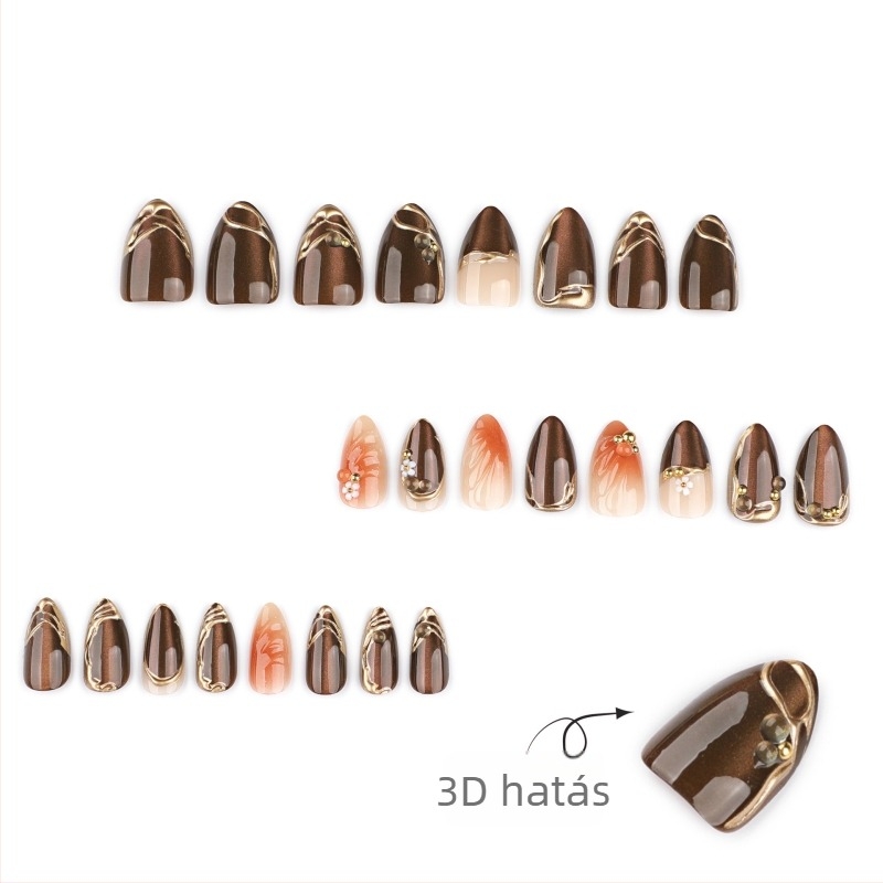 3D macskaszeme hatású viselhető műkörmök – rövid, őszi-téli, barna csillogó