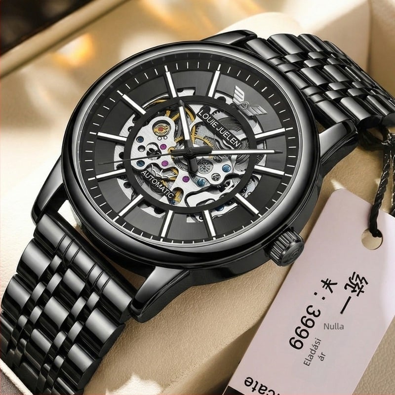 Louie Juelen Uniszex Mechanikus Óra, 42 mm-es számlappal, 30 m-es vízállóság, átlátszó hátlap, világító sötétben, rozsdamentes acél szíj, hagyma alakú korona