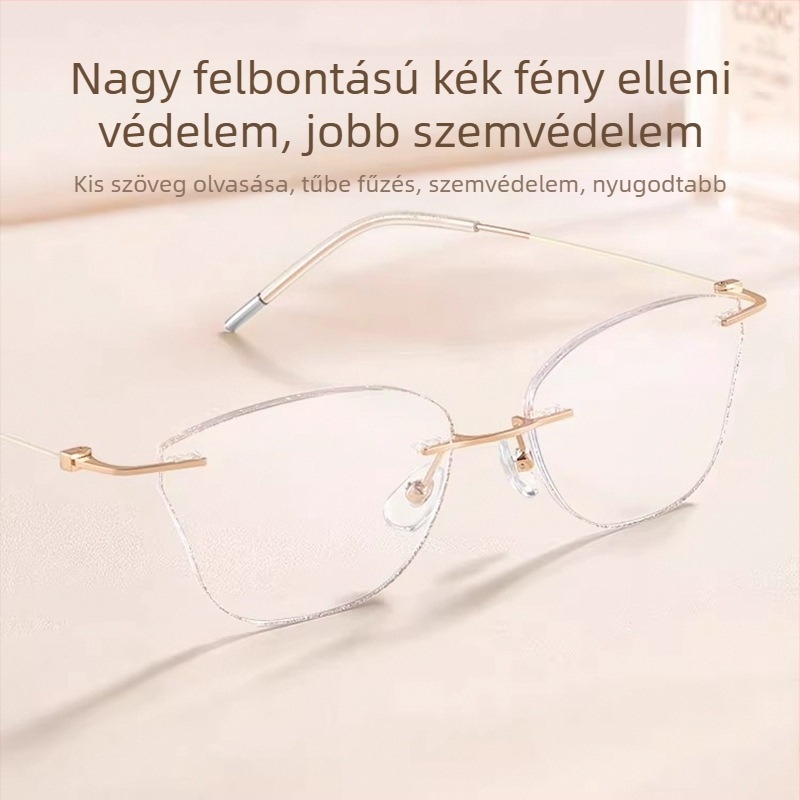 Rim nélküli olvasószemüveg anti‑kék fény védelemmel, ultra‑könnyű, elegáns női szemüveg közelre és távolra látáshoz, modell 5703