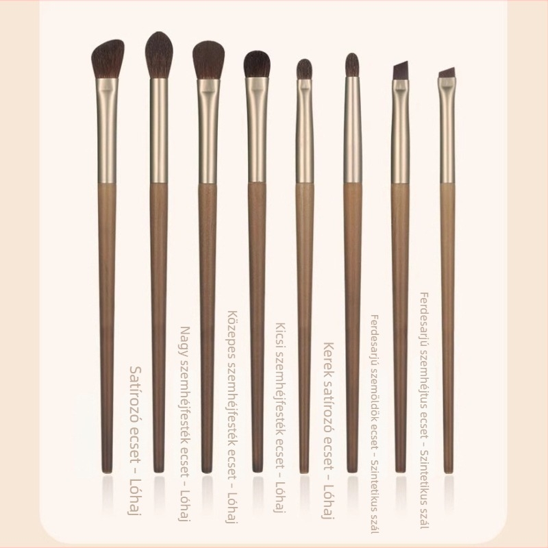 8 darabos sminkecsetkészlet szemhez és arcra – szemhéj ecset, eyeliner ecset, pirosító ecset, alapozó ecset, púder ecset, orrkontúr ecset és szemöldök ecset, műanyag nyéllel
