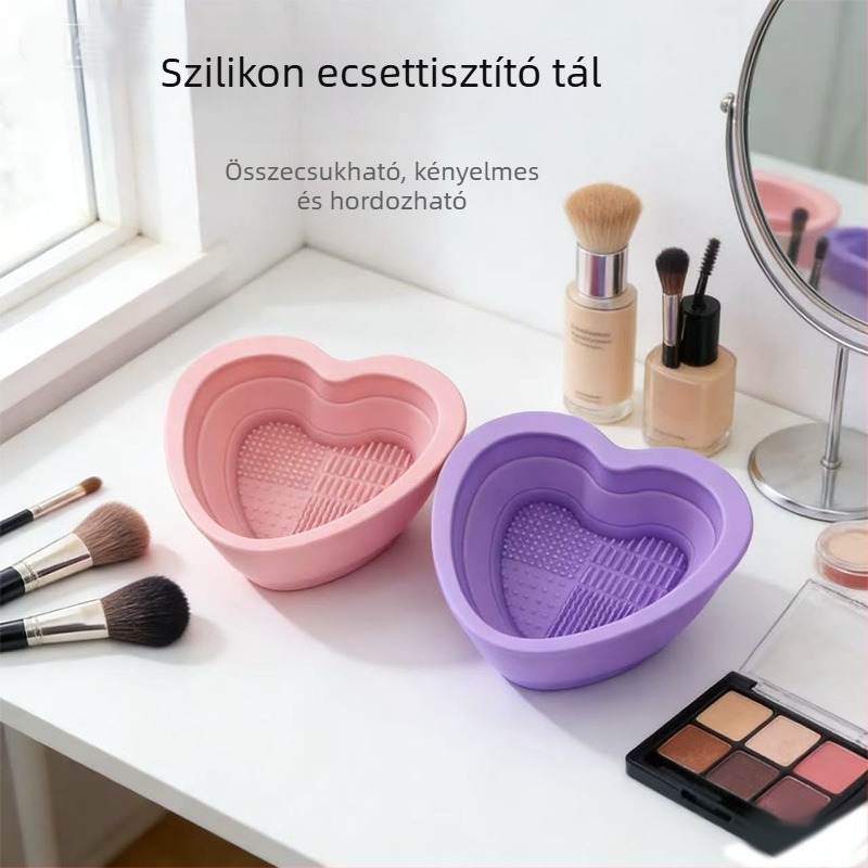 Szilikon tisztítóedény sminkecsetek és szépségápolási eszközök tisztításához, összecsukható agyagmaszk-keverő tál, szív alakú tisztítótál