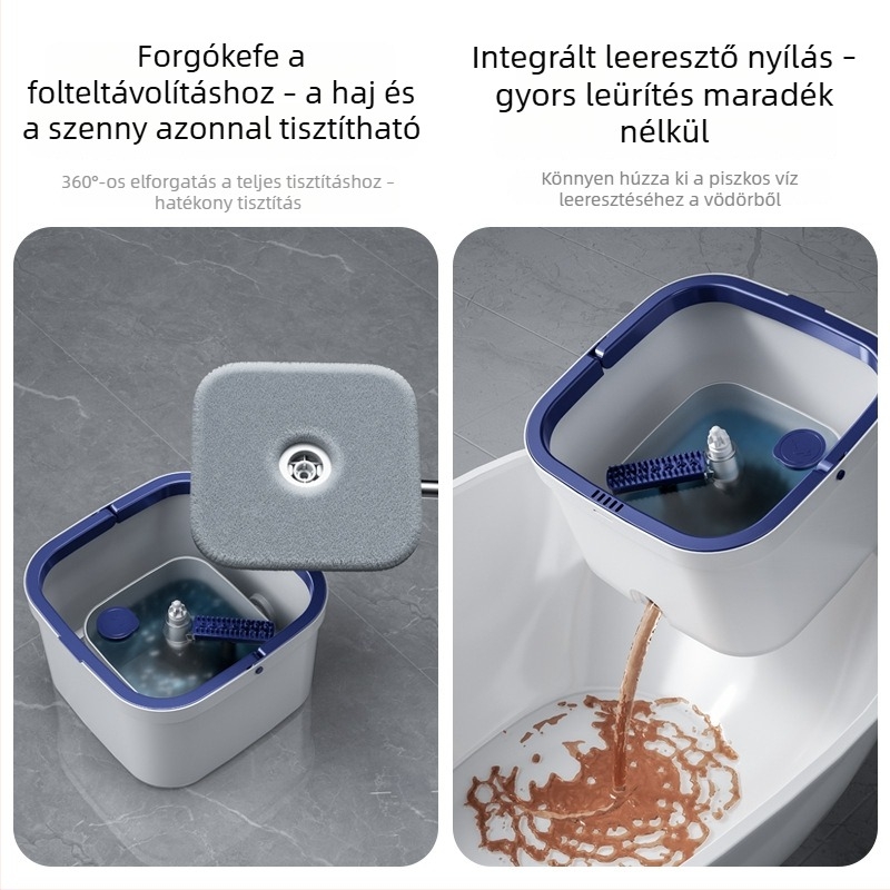 Otthoni használatra kész mop- és vödörkészlet – forgó mop, mikroszálas fej, rozsdamentes acél rúddal