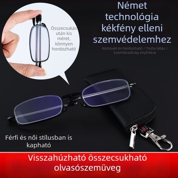Kékfény elleni olvasó szemüveg összecsukható teleszkópos szárakkal, kerek keretű, felnőtteknek