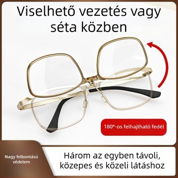 Bifokális olvasó szemüveg, összecsukható flipfedéllel, anti-kék fény, hordozható, HD lencsék