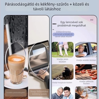 Presbyop szemüveg, páramentes, intelligens zoom a közelre és távolra, tiszta vezetés, kékfény-szűrő, férfiaknak