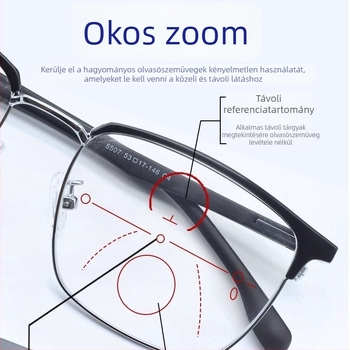 Presbyop szemüveg, páramentes, intelligens zoom a közelre és távolra, tiszta vezetés, kékfény-szűrő, férfiaknak