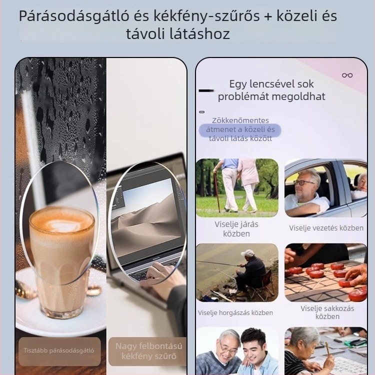 Presbyop szemüveg, páramentes, intelligens zoom a közelre és távolra, tiszta vezetés, kékfény-szűrő, férfiaknak