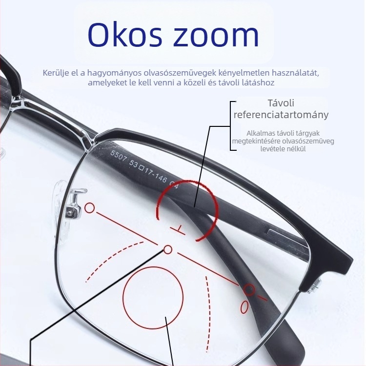 Presbyop szemüveg, páramentes, intelligens zoom a közelre és távolra, tiszta vezetés, kékfény-szűrő, férfiaknak