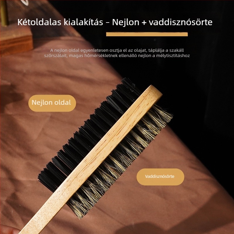 Kétoldalas szakállkefe természetes sörtékkel, tömör fa fogantyúval a férfiak formázásához