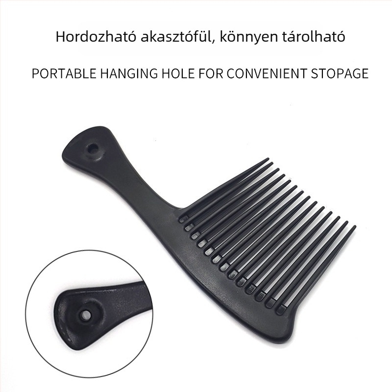 Műanyag hajkefe nagy széles fogakkal, fejsze formájú dizájnnal, otthoni használatra.