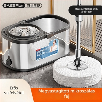Megvastított rozsdamentes acél forgó mop vödör háztartási használatra, kéz nélkül mosás, száraz és nedves felmosásra, egy lépéses tisztítás