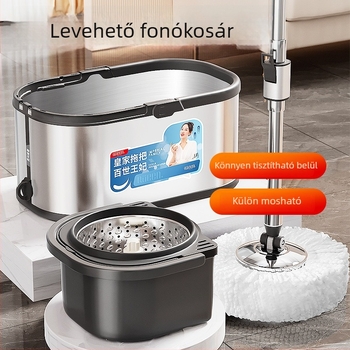 Megvastított rozsdamentes acél forgó mop vödör háztartási használatra, kéz nélkül mosás, száraz és nedves felmosásra, egy lépéses tisztítás