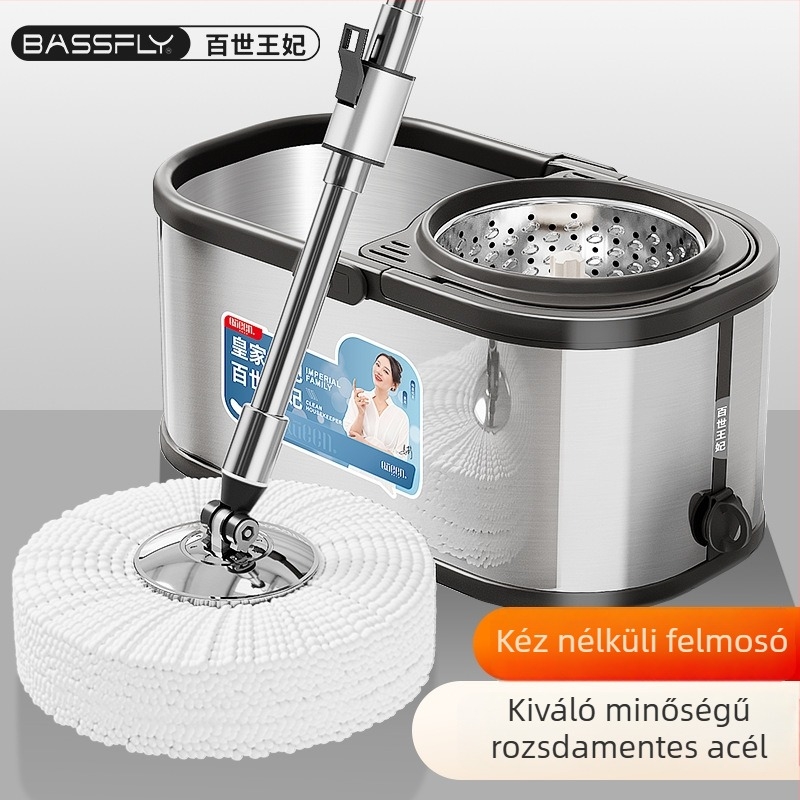 Megvastított rozsdamentes acél forgó mop vödör háztartási használatra, kéz nélkül mosás, száraz és nedves felmosásra, egy lépéses tisztítás