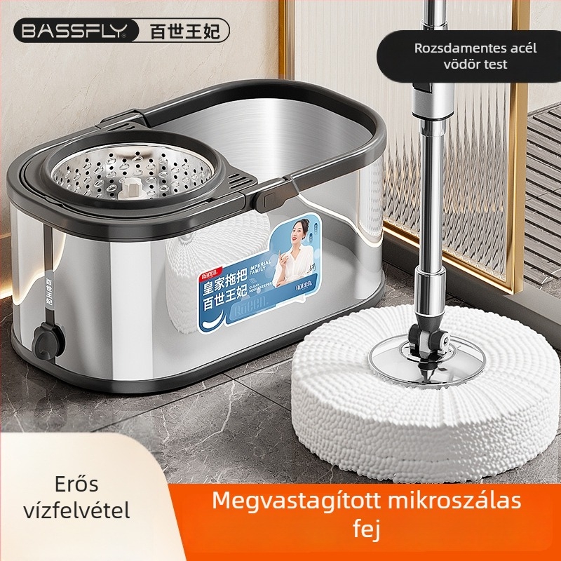 Megvastított rozsdamentes acél forgó mop vödör háztartási használatra, kéz nélkül mosás, száraz és nedves felmosásra, egy lépéses tisztítás