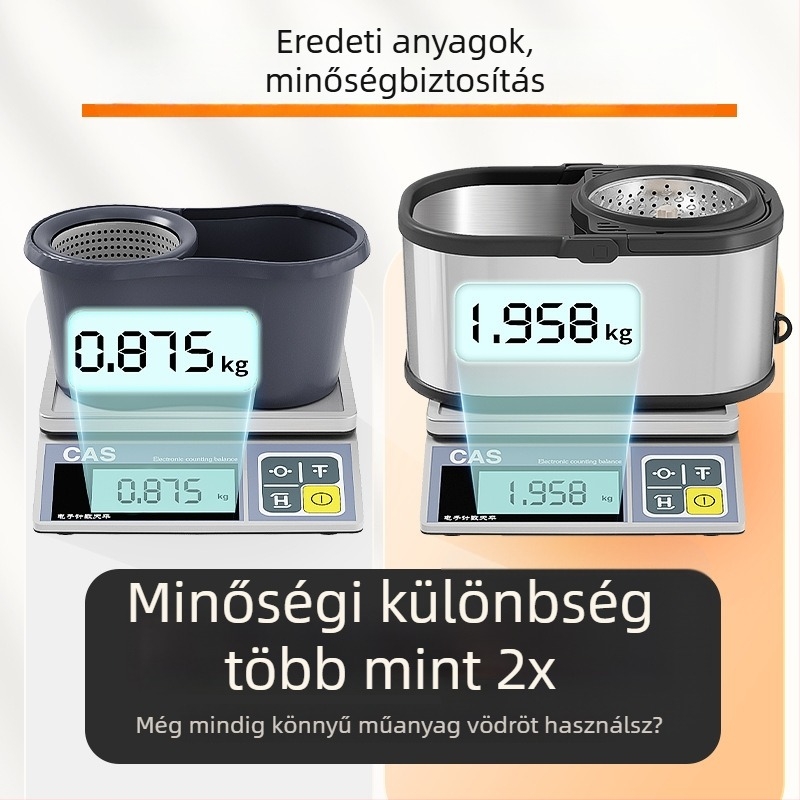 Megvastított rozsdamentes acél forgó mop vödör háztartási használatra, kéz nélkül mosás, száraz és nedves felmosásra, egy lépéses tisztítás