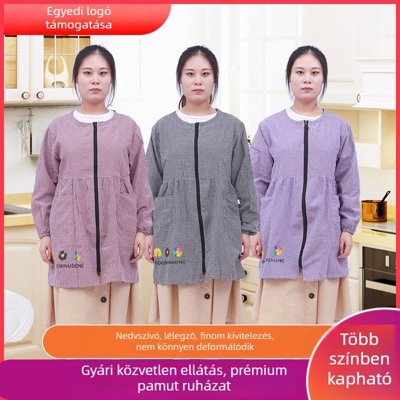Koreai stílusú pamut kötény ujjas, cipzárral, konyhai kötény csíkos és kockás mintával, univerzális méret