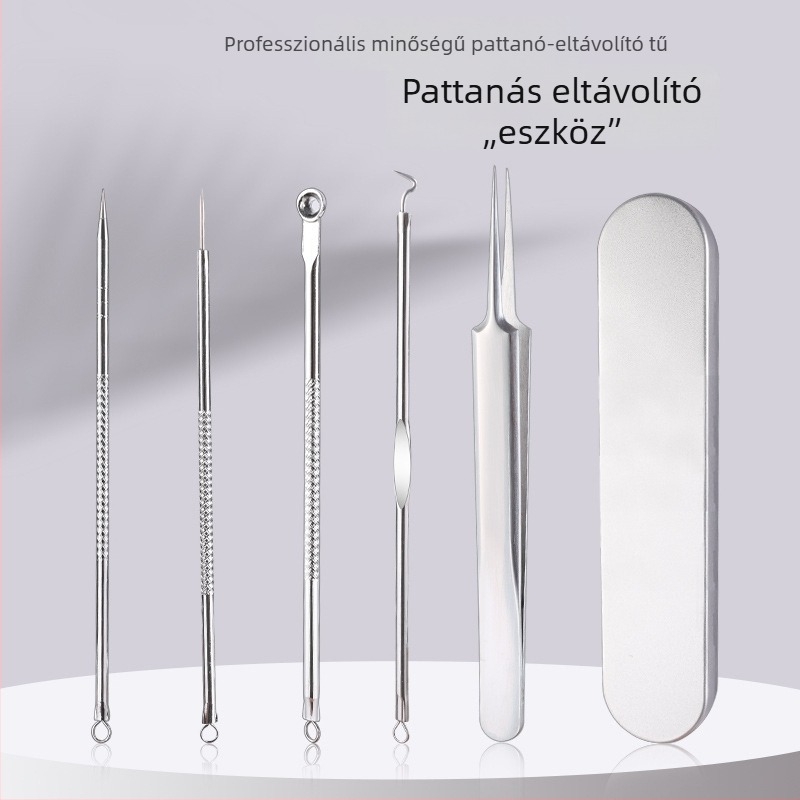 Rozsdamentes acélból készült akne eszközök, dobozban, 5 darabos készlet, dupla végű tűk, akne tű, akne csipesz, fekete fejű tű