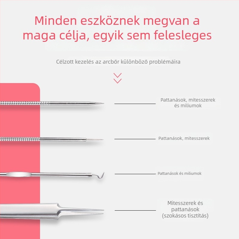 Rozsdamentes acélból készült akne eszközök, dobozban, 5 darabos készlet, dupla végű tűk, akne tű, akne csipesz, fekete fejű tű