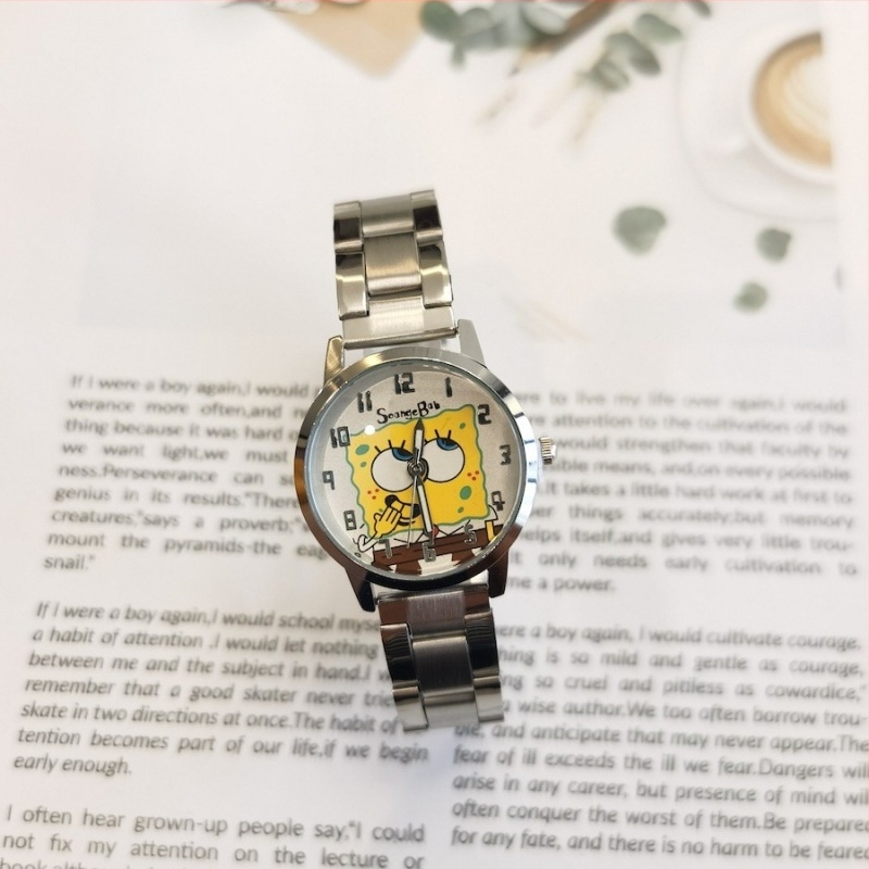 Gyerekeknek készült SpongeBob karóra rozsdamentes acél karkötővel, rajzfilm dizájn, 10 m-es vízállóság