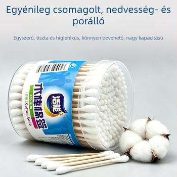 Egyszer használatos pamuttapálcikák kettős végű bambusz bottal, hengeres csomagolásban, 300 végével