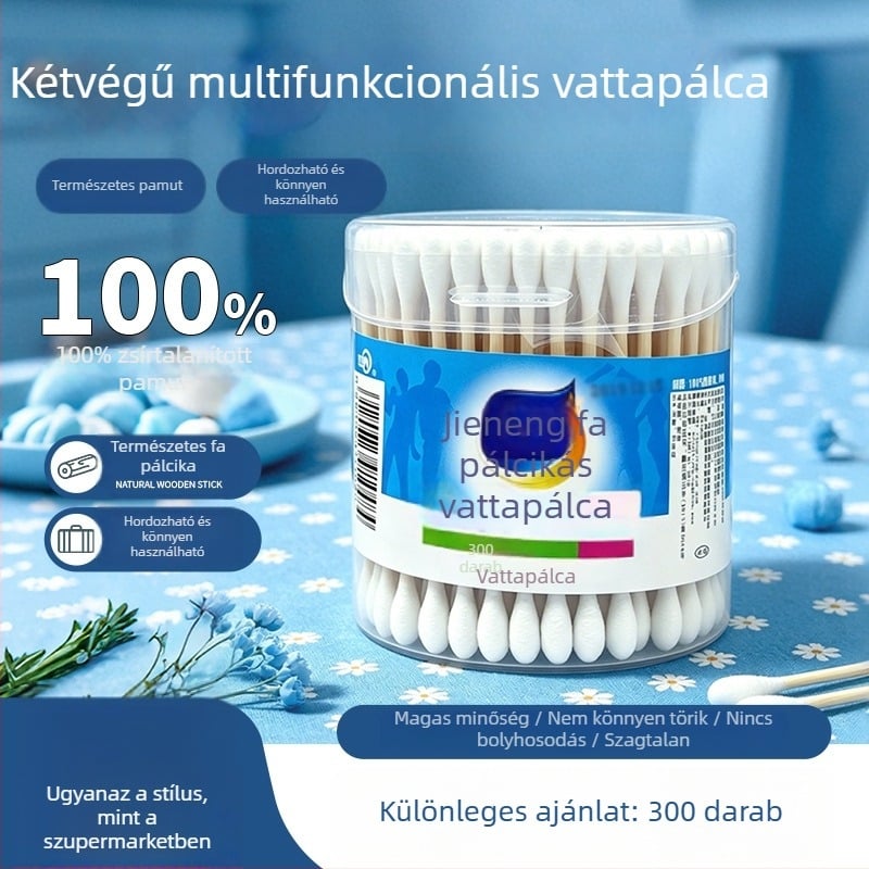 Egyszer használatos pamuttapálcikák kettős végű bambusz bottal, hengeres csomagolásban, 300 végével