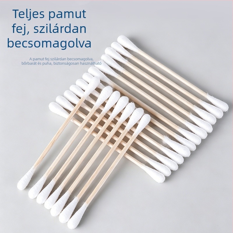 Egyszer használatos pamuttapálcikák kettős végű bambusz bottal, hengeres csomagolásban, 300 végével