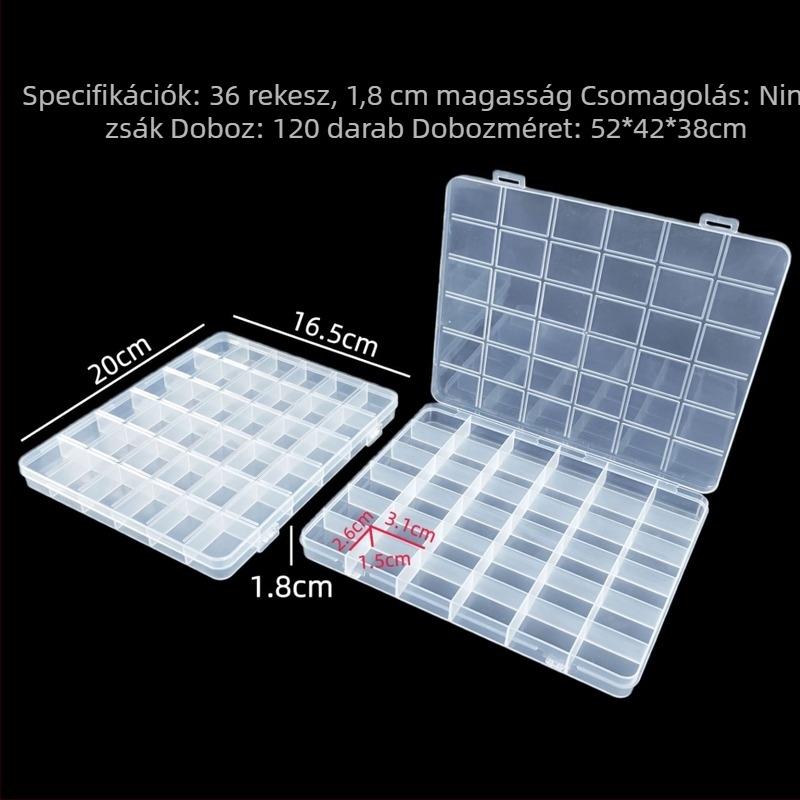 1,8 cm magas PP műanyag doboz 36 rekesszel DIY ékszerek, gyöngyök, strasszok és hardver alkatrészek tárolására
