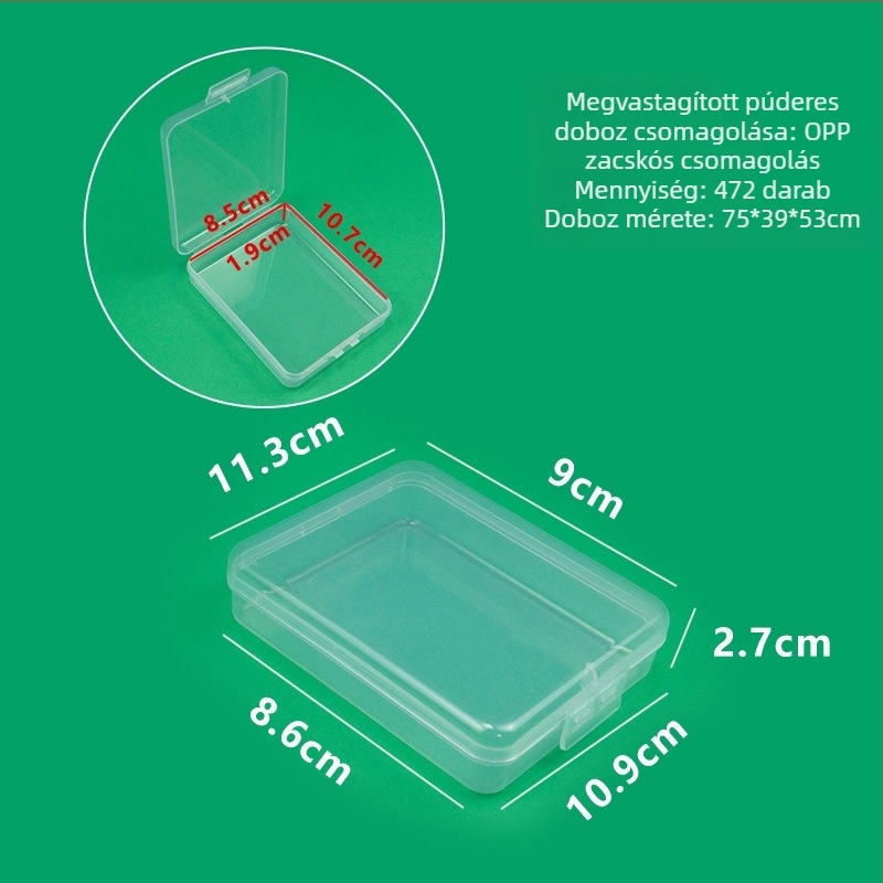 Átlátszó PP műanyag téglalap alakú tároló doboz hardver alkatrészekhez, lehajtható fedél, méretek 11,3 × 9 × 2,7 cm