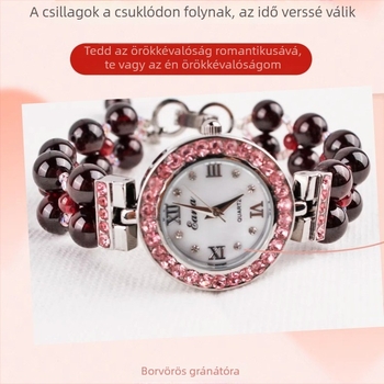 Női kvarcóra gránát karkötővel és rubin díszítéssel – elegáns luxus ajándék