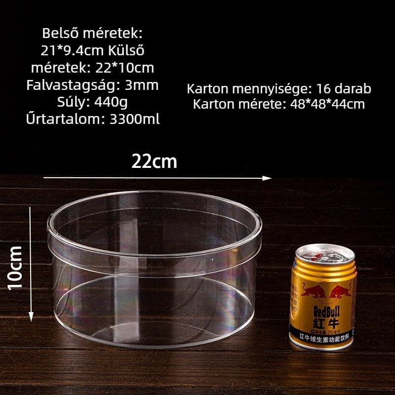 Átlátszó kerek ajándékdoboz fedővel, 22 cm átmérő, 10 cm magas, műanyag