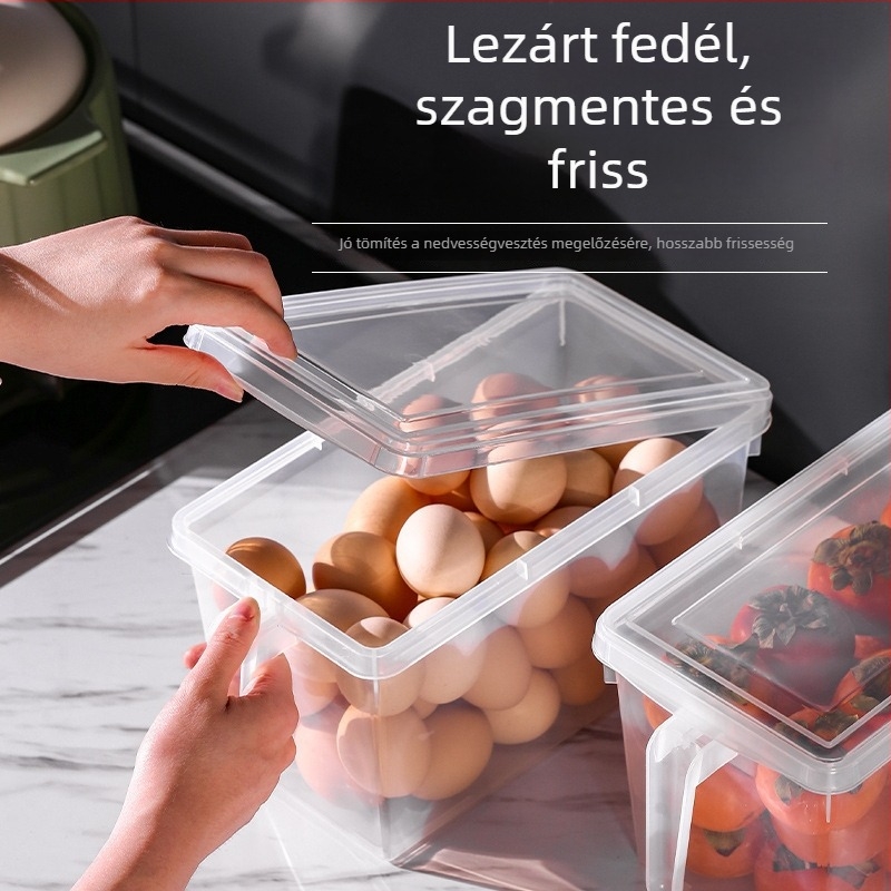 Átlátszó, téglalap alakú hűtő-tároló doboz zárt fedéllel, fiókos kialakítással