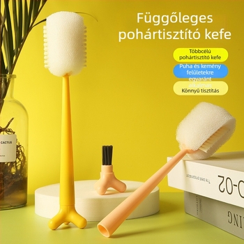 Három az egyben pohár- és üvegmosó kefével, hosszú nyéllel és szivacs fejjel