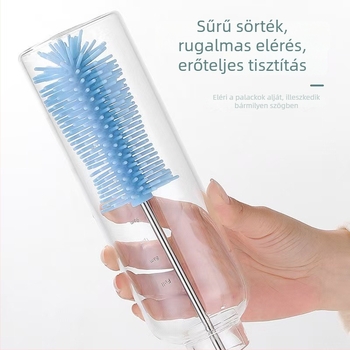 Rozsdamentes acélból készült cumisüveg-tisztító ecset, forgó szilikon fejjel, hosszú nyél, nyomógombos működés, többfunkciós tisztító eszköz