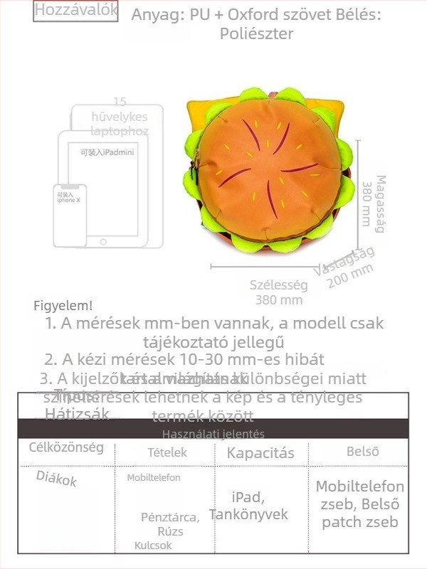 Unisex iskolai hátizsák rajzfilm sajt motívummal, aranyos és sokoldalú, nagy kapacitású, több rekesz, 14 colos laptophoz