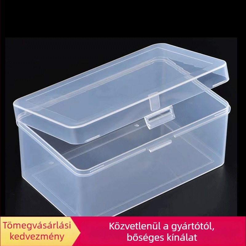 Téglalap alakú áttetsző polipropilén tároló doboz fedővel, kis alkatrészek rendezésére, élelmiszerbiztonságos