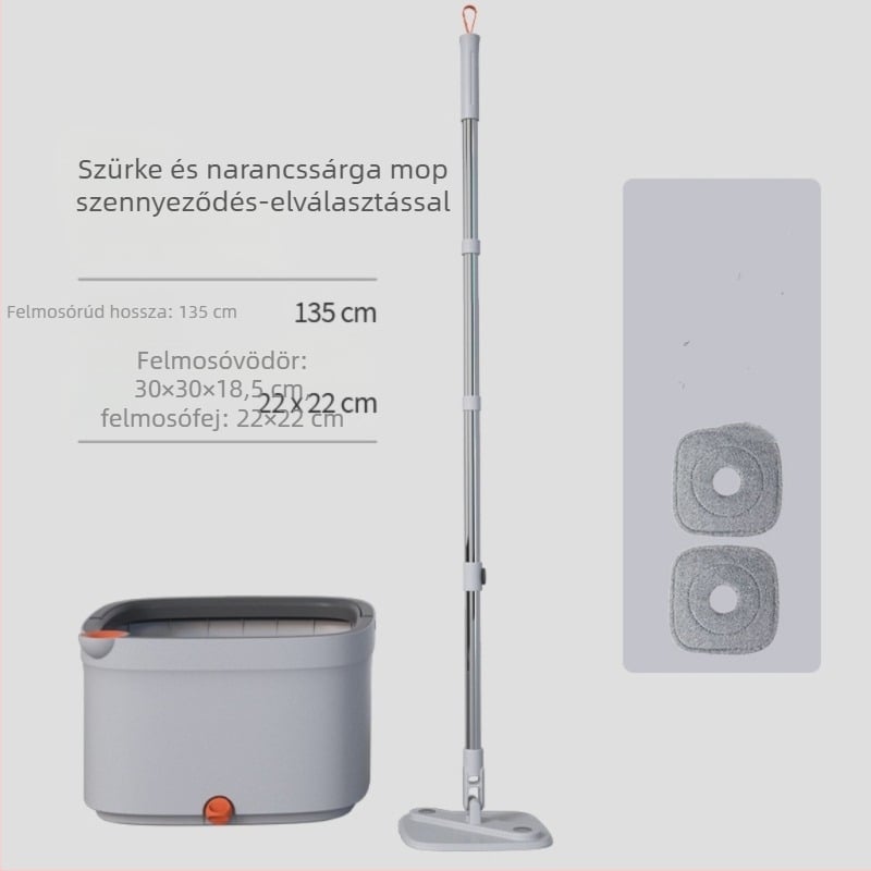 Kétirányú meghajtású forgó mop vödör készlet tiszta és szennyezett víz elválasztásával, kézi nyomású forgó mop, 135 cm-es teleszkópos nyelet