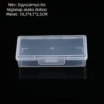 Áttetsző PP műanyag tároló doboz fedéllel, téglalap alakú kis alkatrész doboz, keskeny tároló doboz, méretek 10,5 × 4,1 × 2,5 cm
